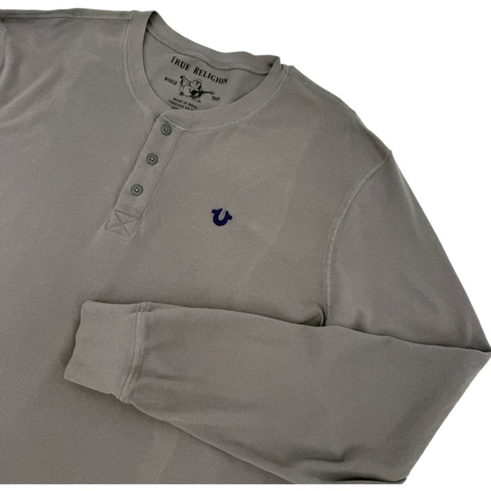 TRUE RELIGION *FLAW* NEW 3XL Henley Shirt Charcoal Gray Long Sleeve Logo Y2K